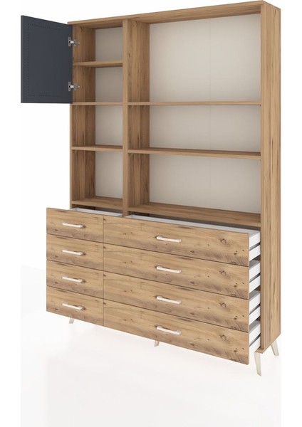 Arges Dolap 7 Raflı 8 Çekmeceli Tek Kapaklı 132X30X195 Çam-Antrasit/çam modelleri