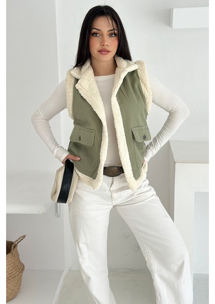 Kadın Peluş Kenarlı Cepli Yelek – Kontrastlı & Kışlık Stil