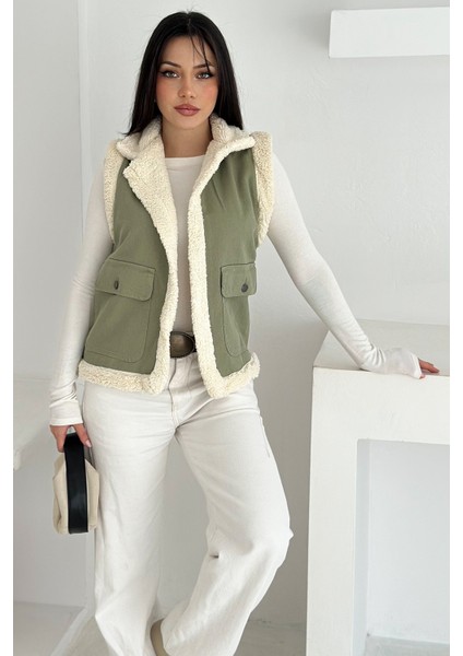 Kadın Peluş Kenarlı Cepli Yelek – Kontrastlı & Kışlık Stil fiyatları
