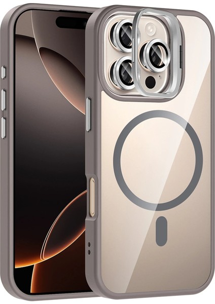 CPT16 Apple iPhone 16 Pro Max Remim Lensli Magsafe Standlı Kapak - Titan Gri