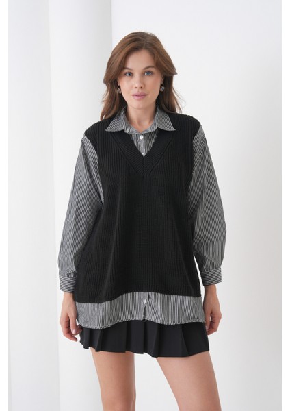 Kadın Uzun Kol Gömlek Yaka Içi Gömlekli Triko Yelekli Spor Şık Gömlek Kazak