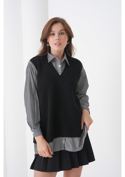 Kadın Uzun Kol Gömlek Yaka Içi Gömlekli Triko Yelekli Spor Şık Gömlek Kazak fiyatları