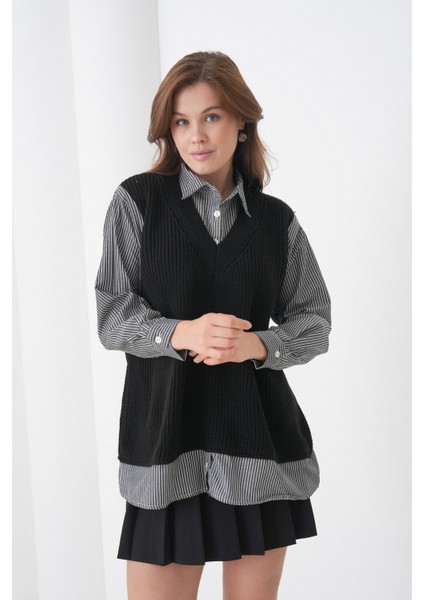 Kadın Uzun Kol Gömlek Yaka Içi Gömlekli Triko Yelekli Spor Şık Gömlek Kazak modelleri