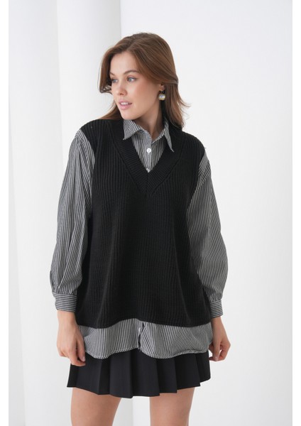 Kadın Uzun Kol Gömlek Yaka Içi Gömlekli Triko Yelekli Spor Şık Gömlek Kazak fırsatları