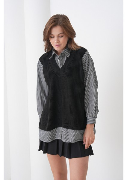 Kadın Uzun Kol Gömlek Yaka Içi Gömlekli Triko Yelekli Spor Şık Gömlek Kazak indirimleri