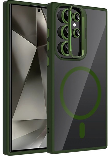 CPT16 Samsung Galaxy S23 Ultra Remim Lensli Magsafe Standlı Kapak - Koyu Yeşil