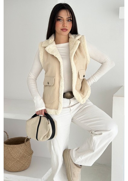 Kadın Peluş Kenarlı Cepli Yelek – Kontrastlı & Kışlık Stil