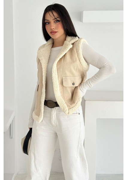 Kadın Peluş Kenarlı Cepli Yelek – Kontrastlı & Kışlık Stil modelleri