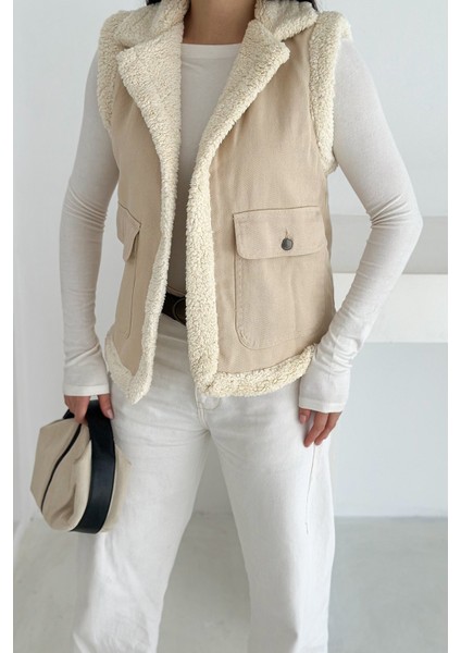 Kadın Peluş Kenarlı Cepli Yelek – Kontrastlı & Kışlık Stil fırsatları
