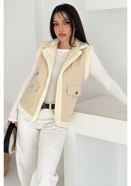 Kadın Peluş Kenarlı Cepli Yelek – Kontrastlı & Kışlık Stil