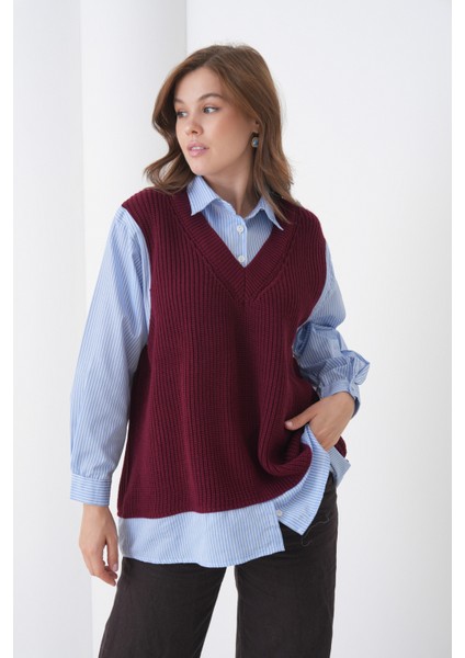 Kadın Uzun Kol Gömlek Yaka Içi Gömlekli Triko Yelekli Spor Şık Gömlek Kazak