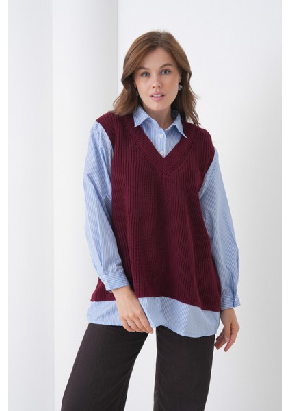 Kadın Uzun Kol Gömlek Yaka Içi Gömlekli Triko Yelekli Spor Şık Gömlek Kazak fiyatları