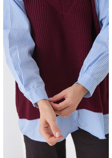 Kadın Uzun Kol Gömlek Yaka Içi Gömlekli Triko Yelekli Spor Şık Gömlek Kazak modelleri