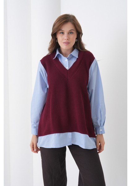 Kadın Uzun Kol Gömlek Yaka Içi Gömlekli Triko Yelekli Spor Şık Gömlek Kazak indirimleri