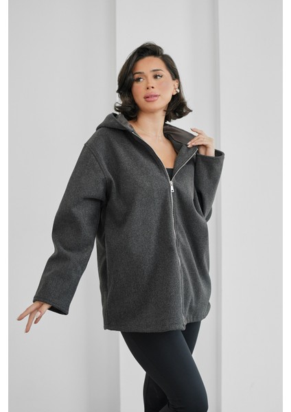 Kapüşonlu Astarlı Kadın Kaşe Hırka