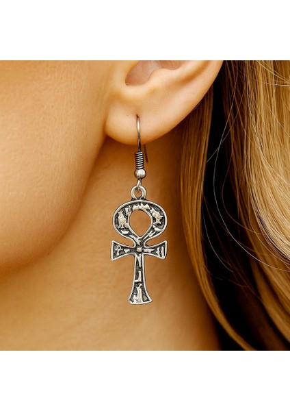 Motifli Mısır Ankh Şekilli Kadın Küpe Çift Adet Gümüş Kaplama El Yapımı Küpe