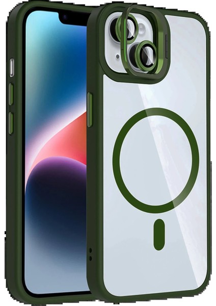 CPT16 Apple iPhone 14 Remim Lensli Magsafe Standlı Kapak - Koyu Yeşil