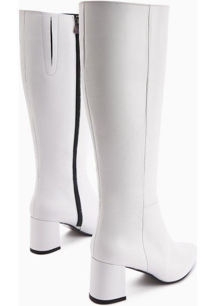 Velma Hakiki Deri Beyaz Topuklu Kadın Çizme fırsatları