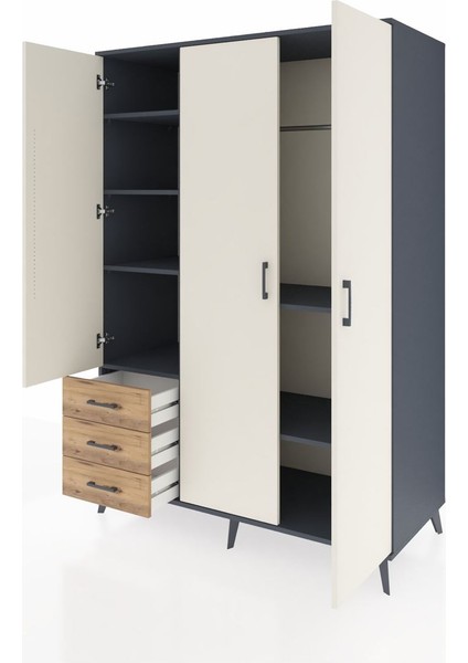 Kronos Dolap 6 Raflı 3 Çekmeceli Tek Askılı 132X59X195 Antrasit-Aytaşı/çam modelleri