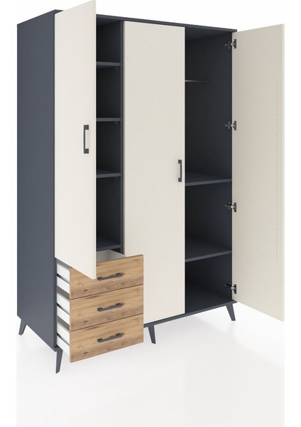 Kronos Dolap 6 Raflı 3 Çekmeceli Tek Askılı 132X59X195 Antrasit-Aytaşı/çam indirimleri