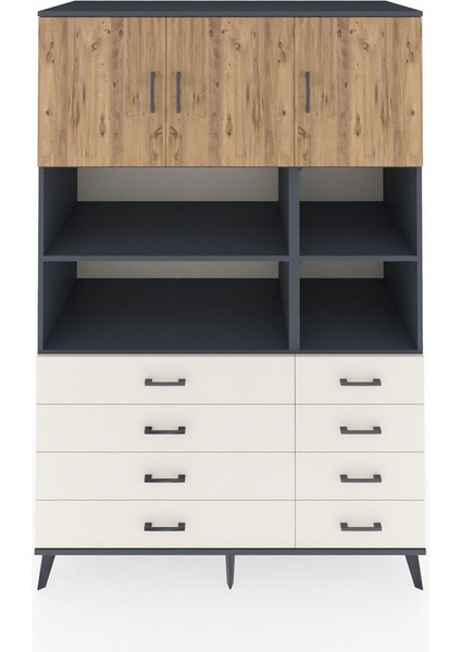 Kronos Dolap 8 Raflı 8 Çekmeceli 3 Kapaklı 132X59X195 Antrasit-Çam/aytaşı