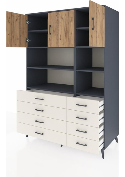 Kronos Dolap 8 Raflı 8 Çekmeceli 3 Kapaklı 132X59X195 Antrasit-Çam/aytaşı modelleri