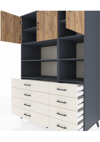 Kronos Dolap 8 Raflı 8 Çekmeceli 3 Kapaklı 132X59X195 Antrasit-Çam/aytaşı fırsatları