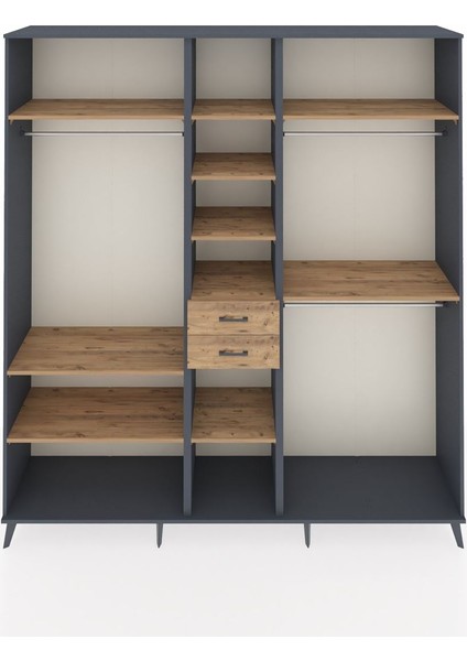 Hyperion Dolap 10 Raflı 2 Çekmeceli 3 Askılı 220X44X243 Antrasit-Çam/çam