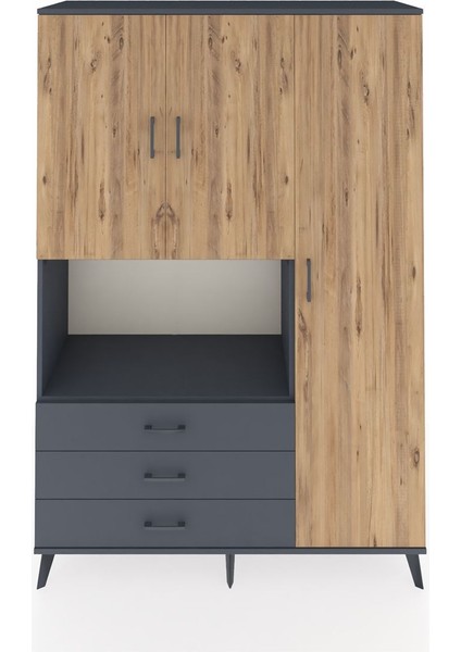 Hyperion Dolap 7 Raflı 3 Çekmeceli 3 Kapaklı 132X44X195 Antrasit-Çam/antrasit