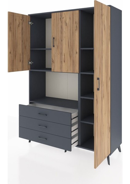 Hyperion Dolap 7 Raflı 3 Çekmeceli 3 Kapaklı 132X44X195 Antrasit-Çam/antrasit modelleri