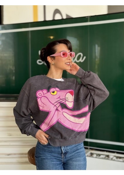 Pembe Panter Baskılı Sweatshirt