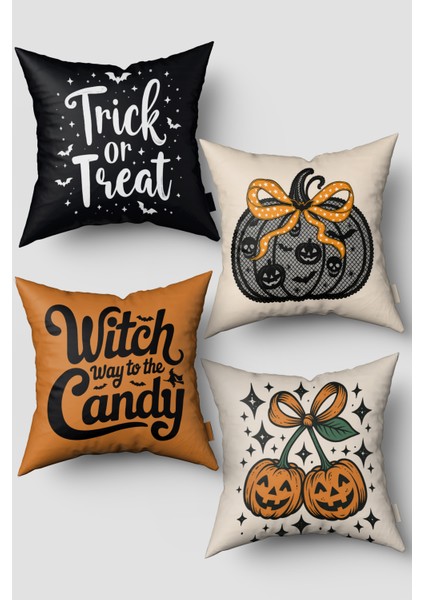Dekoratif Yazılı Halloween Temalı Cadılar Bayramı 4'lü Kırlent Kılıfı Seti
