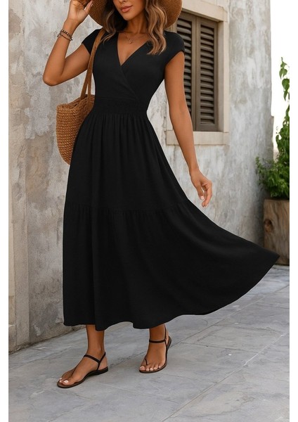 Kadın Kısa Kollu Kruvaze Yaka Beli Lastikli Süprem Maksi Boy Elbise