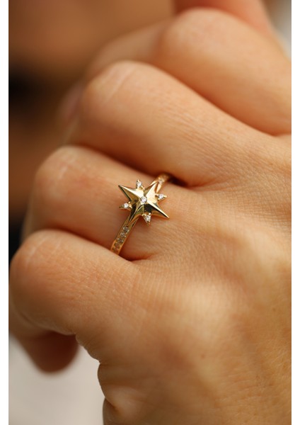 14 Ayar Altın Kolu ve Üstü Taş Detaylı Kutup Yıldızı Yüzük