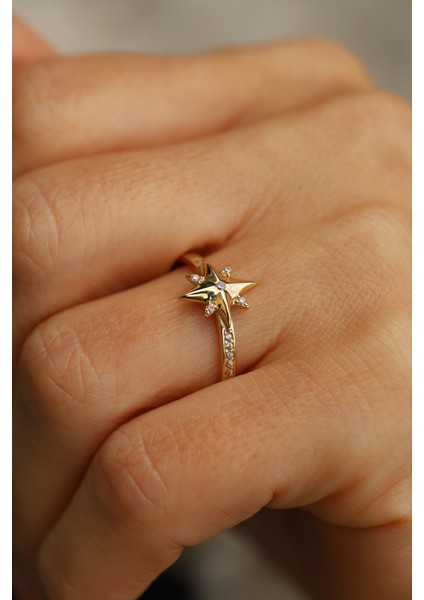 14 Ayar Altın Kolu ve Üstü Taş Detaylı Kutup Yıldızı Yüzük fiyatları