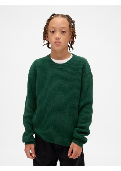 Erkek Çocuk Yeşil Cashsoft Relaxed Bisiklet Yaka Kazak