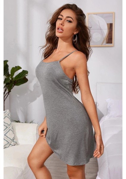 Kadın Gri Ip Askılı Penye Gecelik