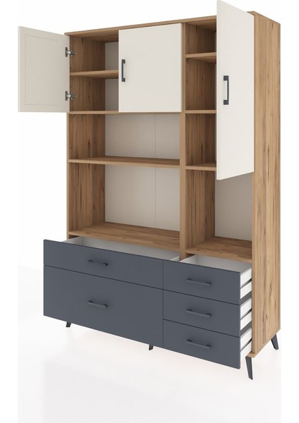 Hyperion Dolap 8 Raflı 5 Çekmeceli 3 Kapaklı 132X44X195 Çam-Aytaşı/antrasit modelleri