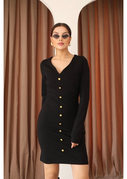 Siyah Interlok V Yaka Önü Gold Düğme Detaylı Diz Üstü Kadın Elbise