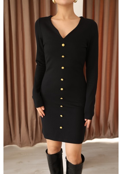 Siyah Interlok V Yaka Önü Gold Düğme Detaylı Diz Üstü Kadın Elbise fiyatları