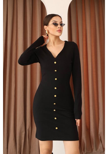 Siyah Interlok V Yaka Önü Gold Düğme Detaylı Diz Üstü Kadın Elbise fırsatları