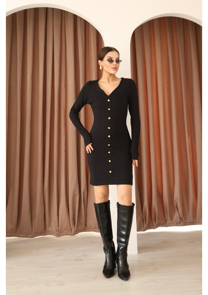 Siyah Interlok V Yaka Önü Gold Düğme Detaylı Diz Üstü Kadın Elbise indirimleri