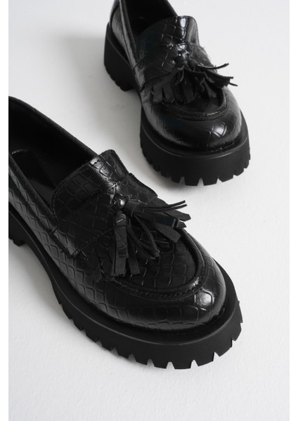 Mina Kadın Günlük Siyah Kroko Baskılı Loafer Ayakkabı indirimleri