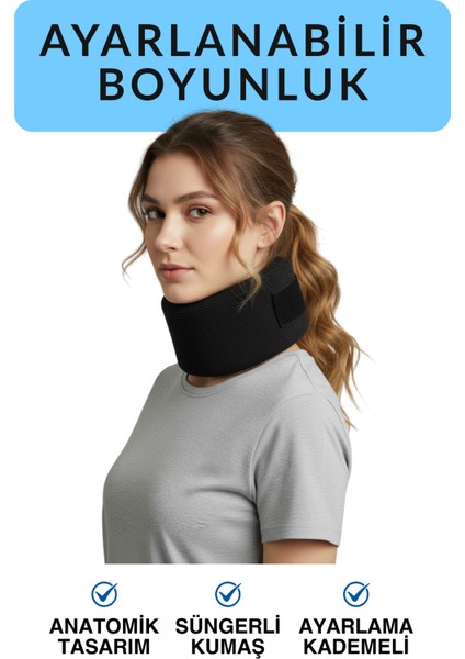 Ayarlanabilir Boyunluk | Süngerli Kumaş | Anatomik Tasarım | Ayarlanabilir Cırtlı | Siyah Boyunluk