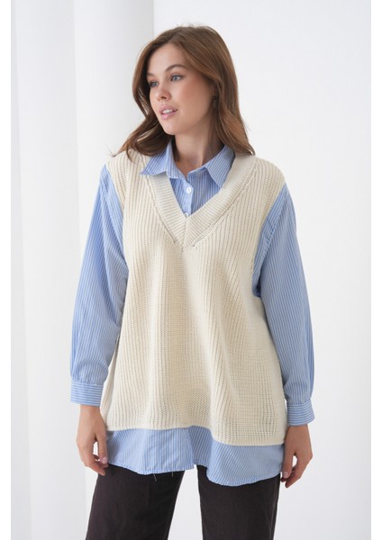 Kadın Uzun Kol Gömlek Yaka Içi Gömlekli Triko Yelekli Spor Şık Gömlek Kazak