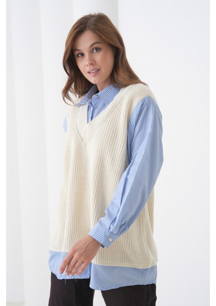 Kadın Uzun Kol Gömlek Yaka Içi Gömlekli Triko Yelekli Spor Şık Gömlek Kazak fiyatları