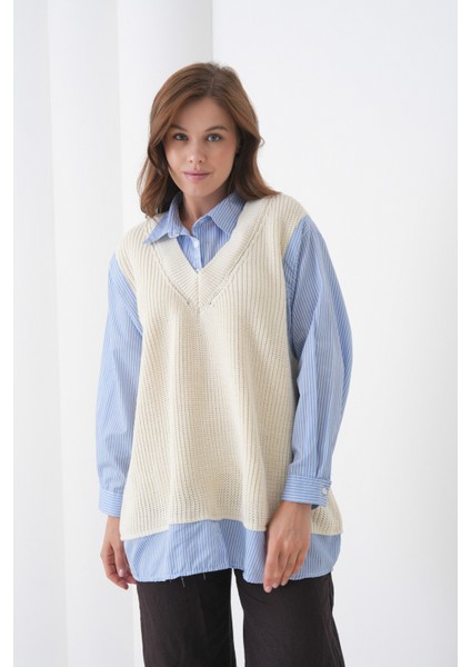 Kadın Uzun Kol Gömlek Yaka Içi Gömlekli Triko Yelekli Spor Şık Gömlek Kazak modelleri