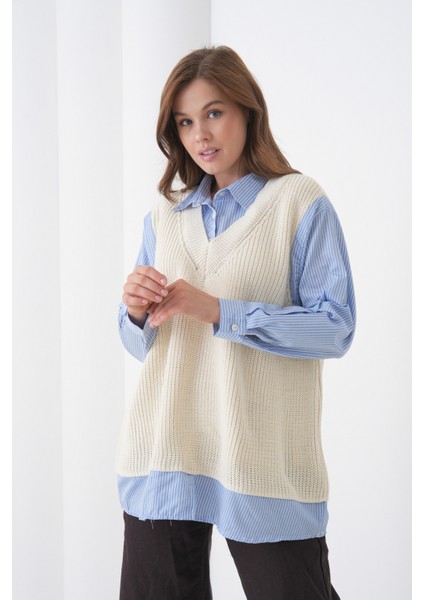 Kadın Uzun Kol Gömlek Yaka Içi Gömlekli Triko Yelekli Spor Şık Gömlek Kazak indirimleri