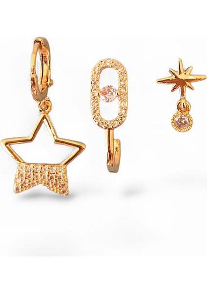 Özel Seri Taşlı Yıldız Üçlü Çelik Küpe