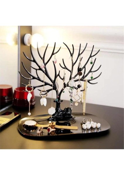 Geyik Tasarımlı Takı Yüzük Küpe Kolye Askılığı Mücevher Organizer Siyah